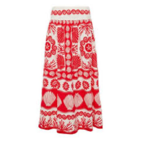 New! Farm Rio Ainika Red and White Shell Print Linen Maxi Skirt Sz M #14 - Picture 6 of 6